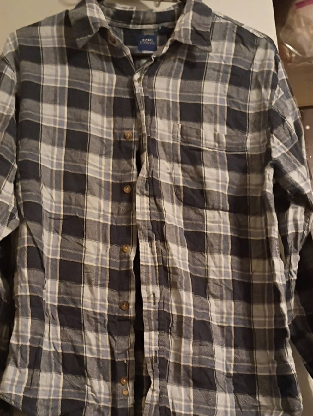 Basic Editions Navy and White Plaid Long-Sleeve Button-Down Shirt